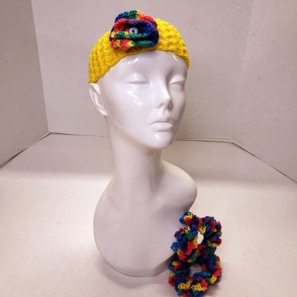 Accessories - Woman's Handmade Crochet 2 Scrunchies and Flower Headband Rainbow Multicolor